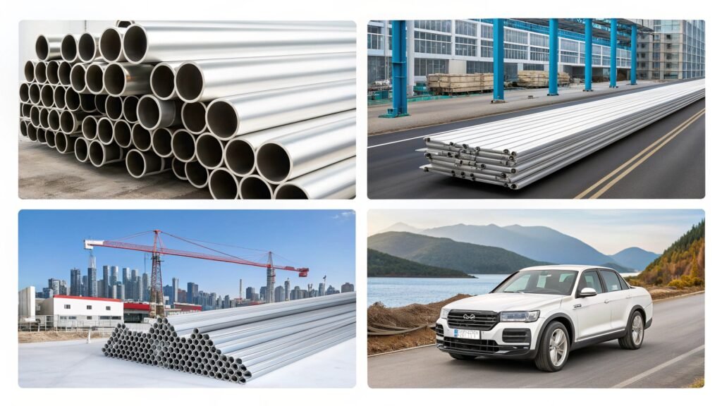 A collection of different aluminum products: a machined gear (6061), a boat hull (5052), and a beverage can (3003).